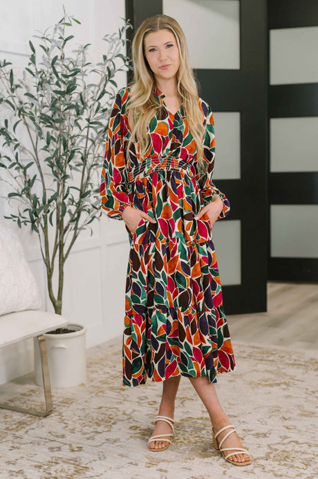 Leafing it All Behind Long Sleeve Tiered Dress