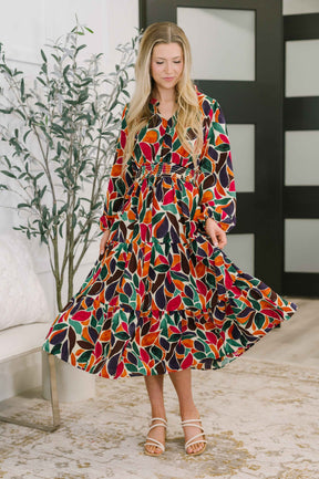 Leafing it All Behind Long Sleeve Tiered Dress