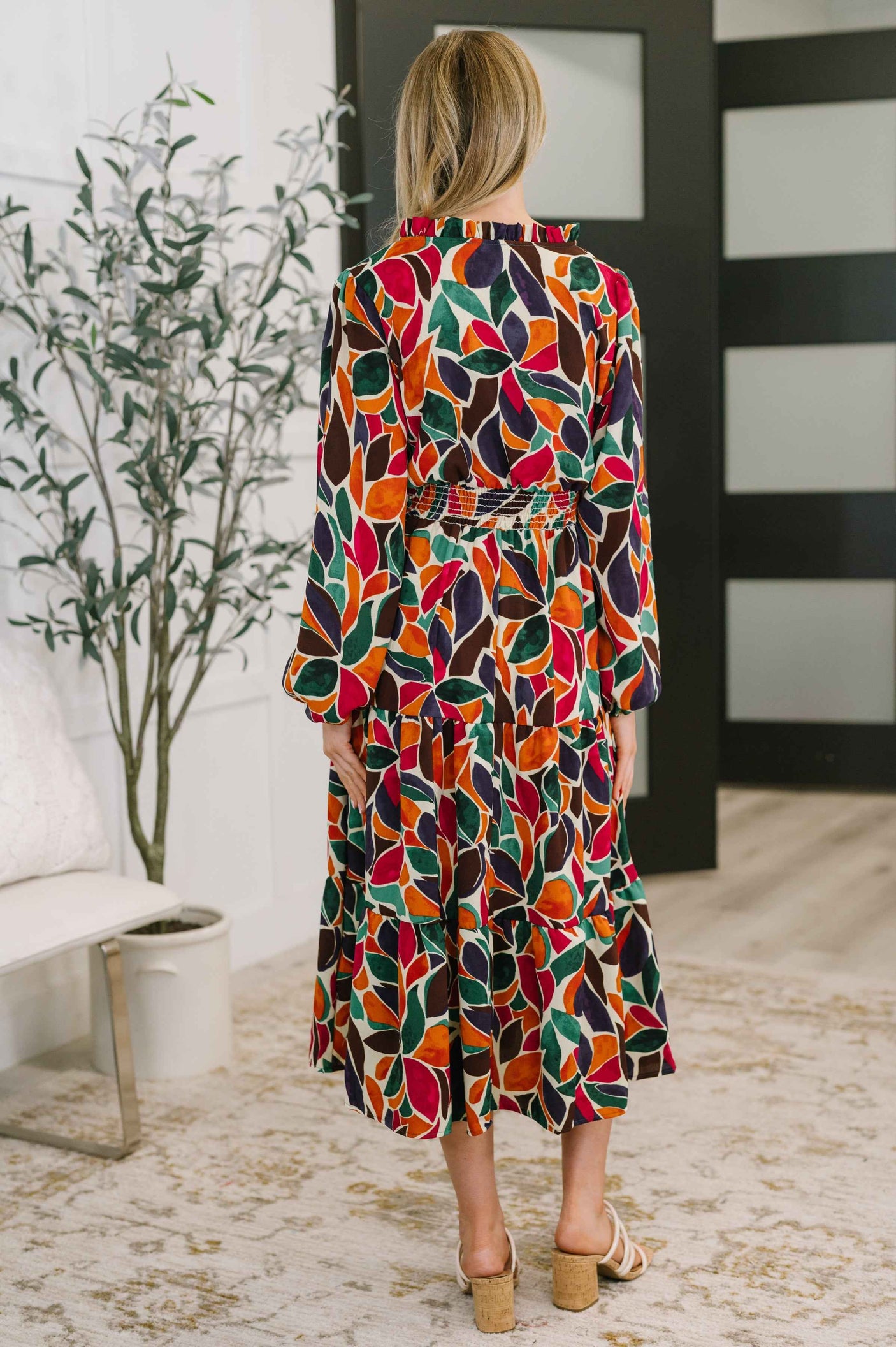 Leafing it All Behind Long Sleeve Tiered Dress