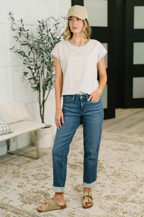 Little Details Trim Detail Top in Sand Beige