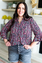 Blusa con mangas acampanadas Lizzy en cuerda negra y rosa