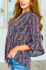 Blusa con mangas acampanadas Lizzy en cuerda negra y rosa