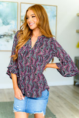 Blusa con mangas acampanadas Lizzy en cuerda negra y rosa