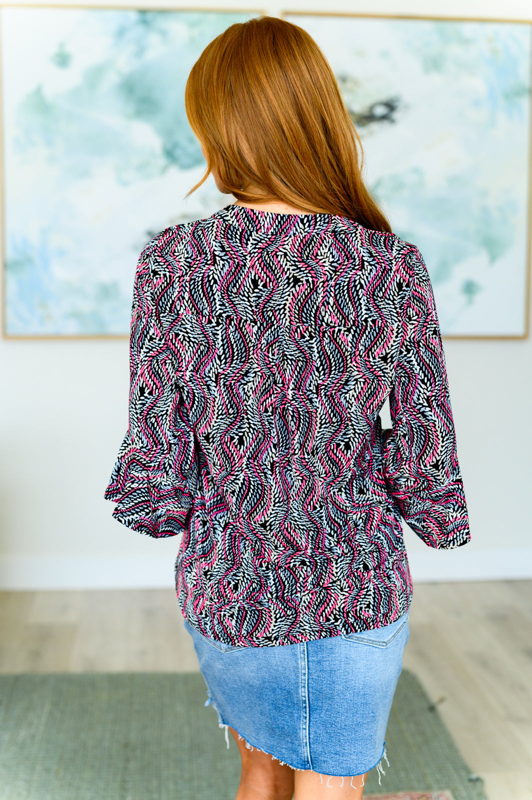 Blusa con mangas acampanadas Lizzy en cuerda negra y rosa