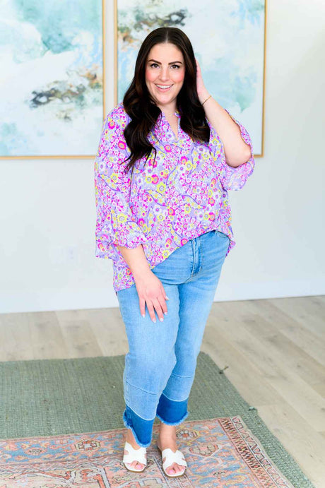 Lizzy Bell Sleeve Top in Lavender Retro Ditsy Floral - Liarian Unlimited Boutique