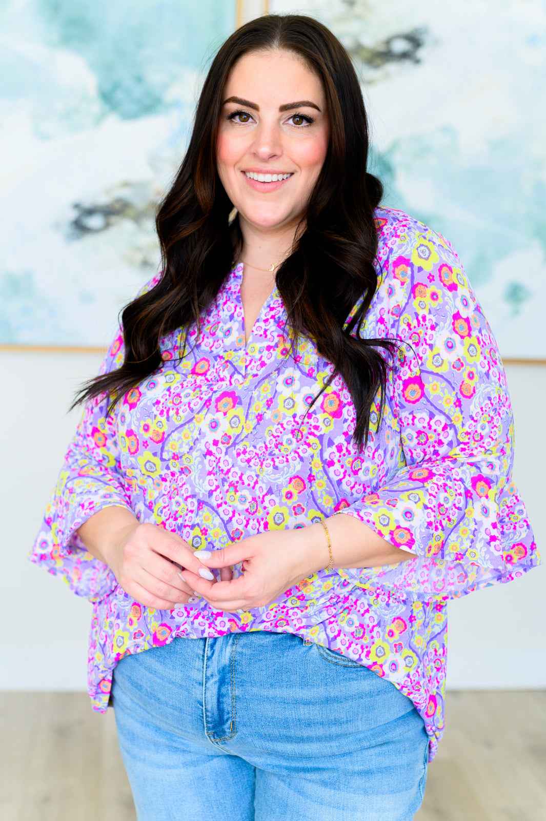 Lizzy Bell Sleeve Top in Lavender Retro Ditsy Floral - Liarian Unlimited Boutique