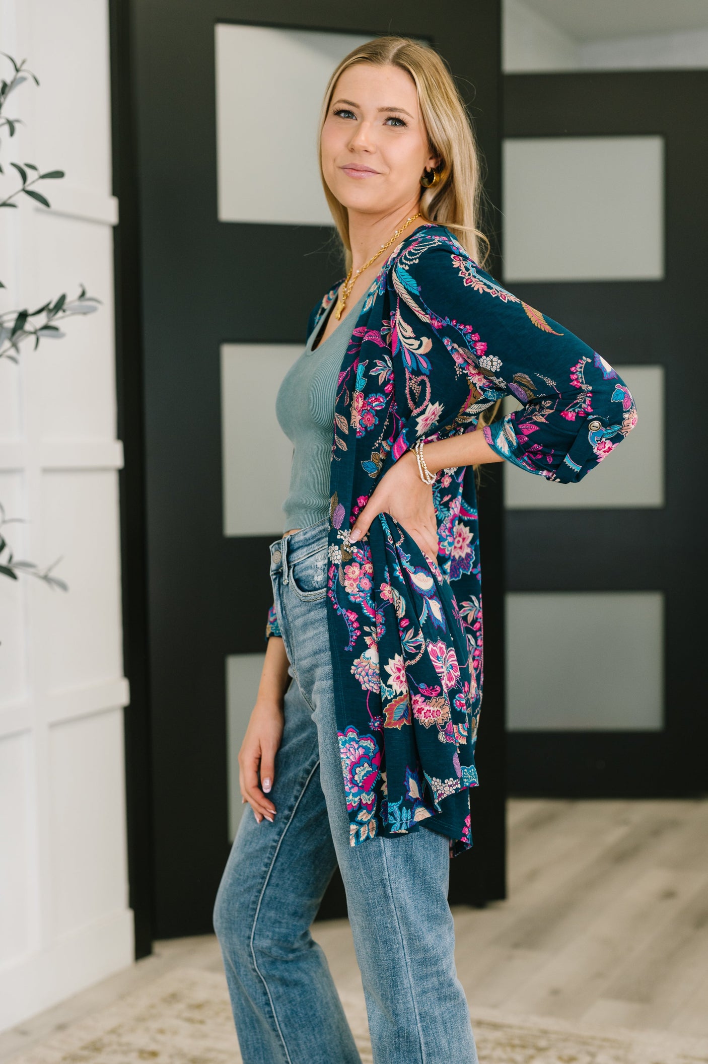 Lizzy Cardigan in Hunter Green Floral Paisley