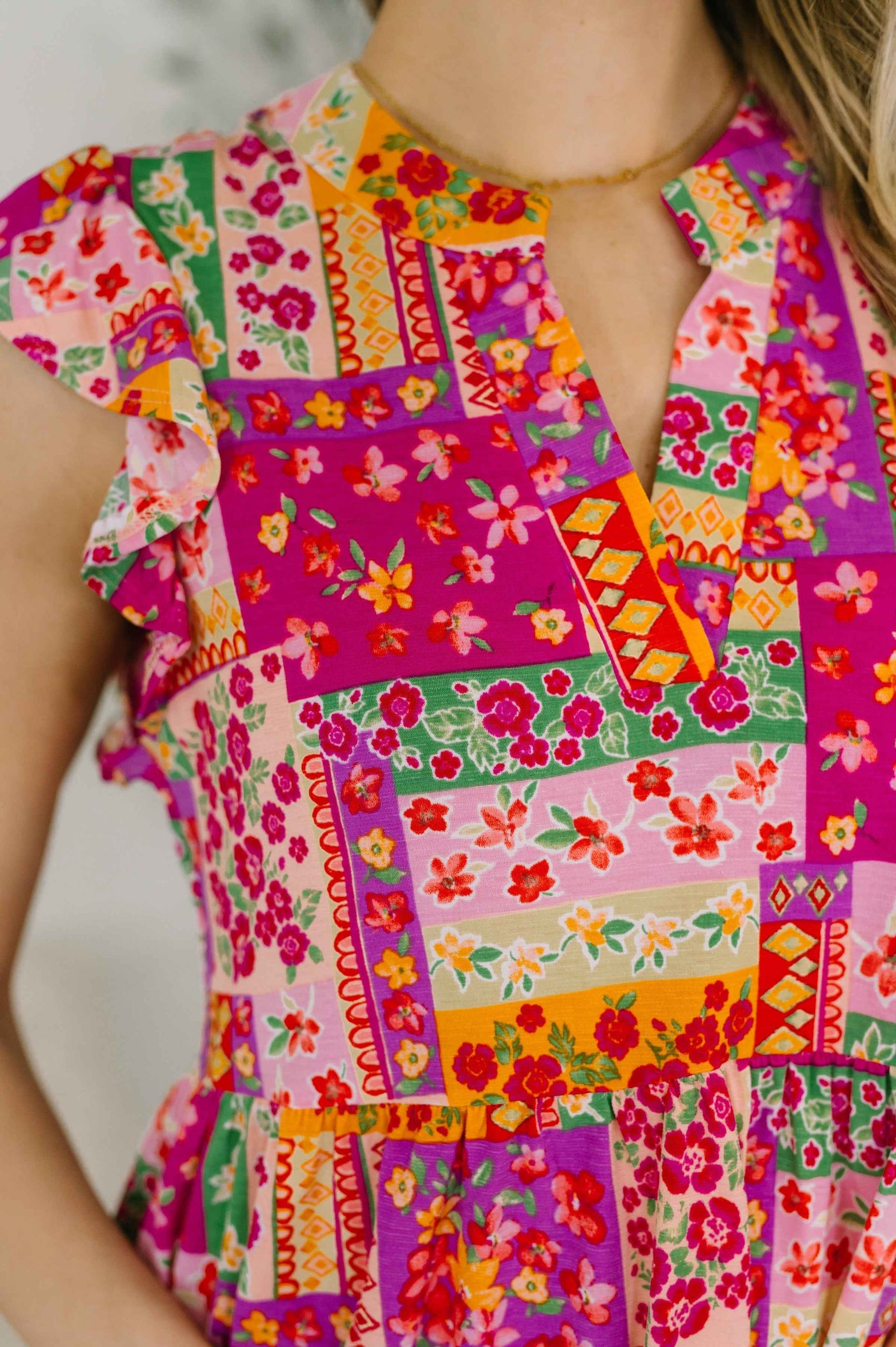 Lizzy Flutter Sleeve Dress in Patchwork Floral
