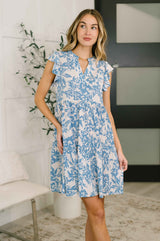 Lizzy Flutter Sleeve Dress in White and Blue Floral