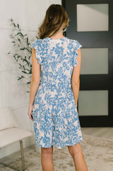 Lizzy Flutter Sleeve Dress in White and Blue Floral