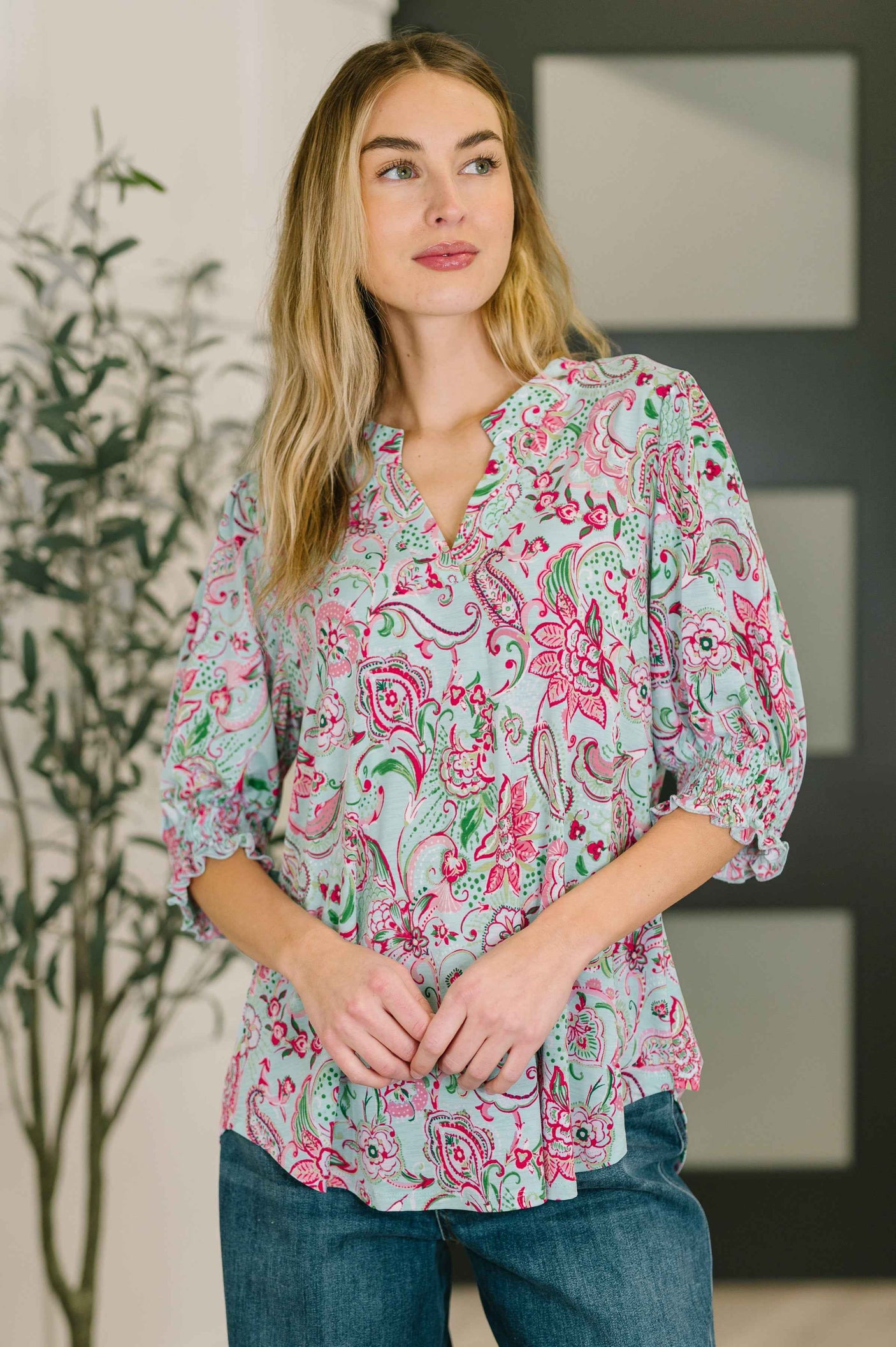 Lizzy Smock Top in Mint and Pink Floral Paisley