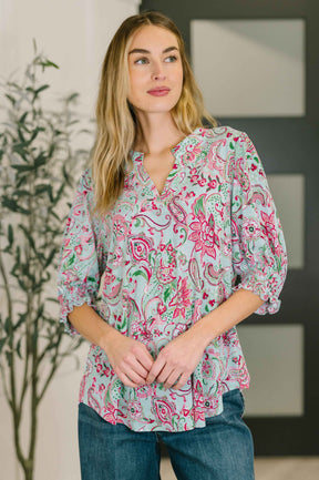 Lizzy Smock Top in Mint and Pink Floral Paisley