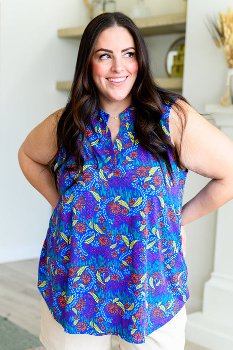 Lizzy Tank Top in Royal and Red Abstract - Liarian Unlimited Boutique