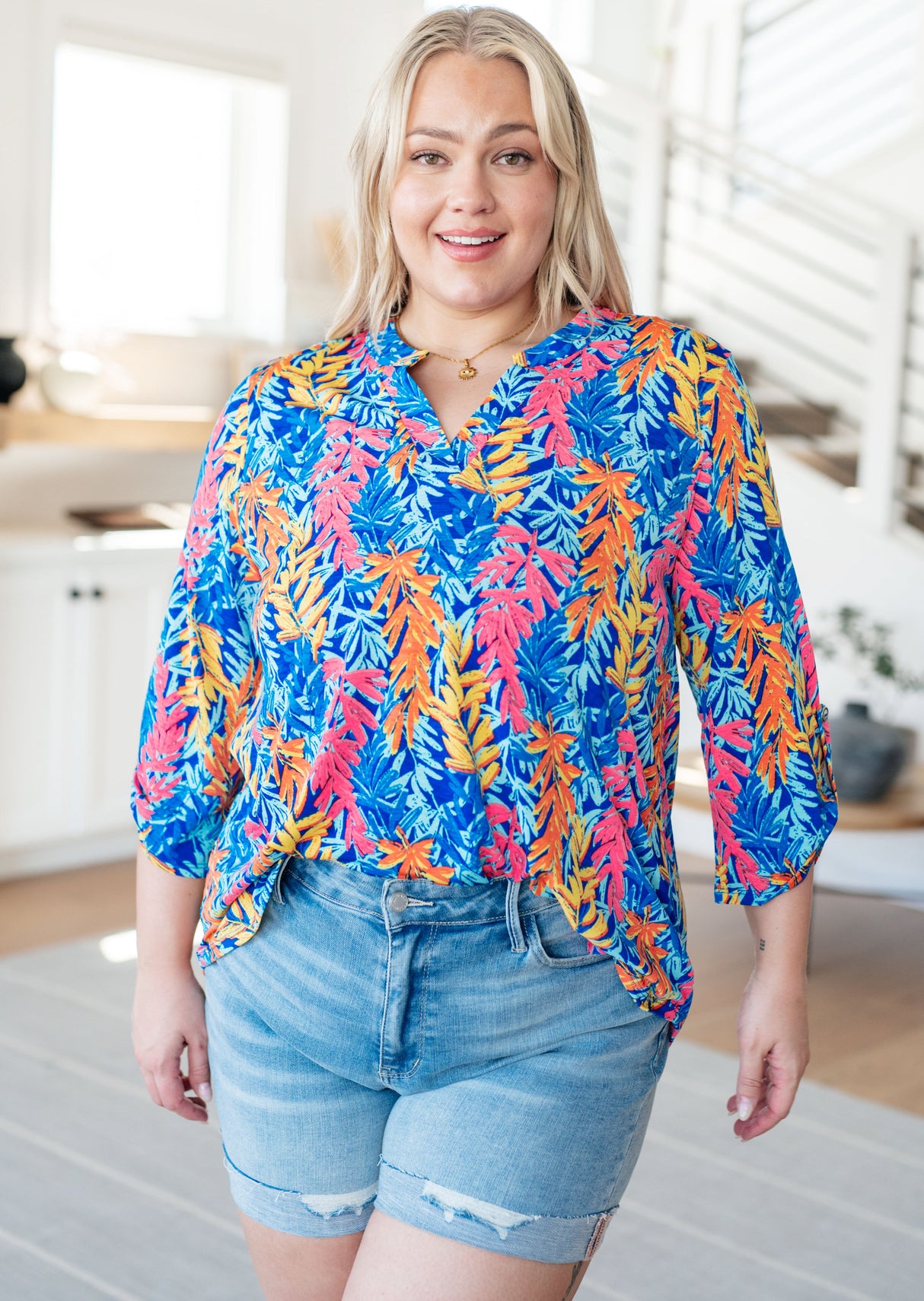 Lizzy Top in Blue and Pink Branches - Liarian Unlimited Boutique