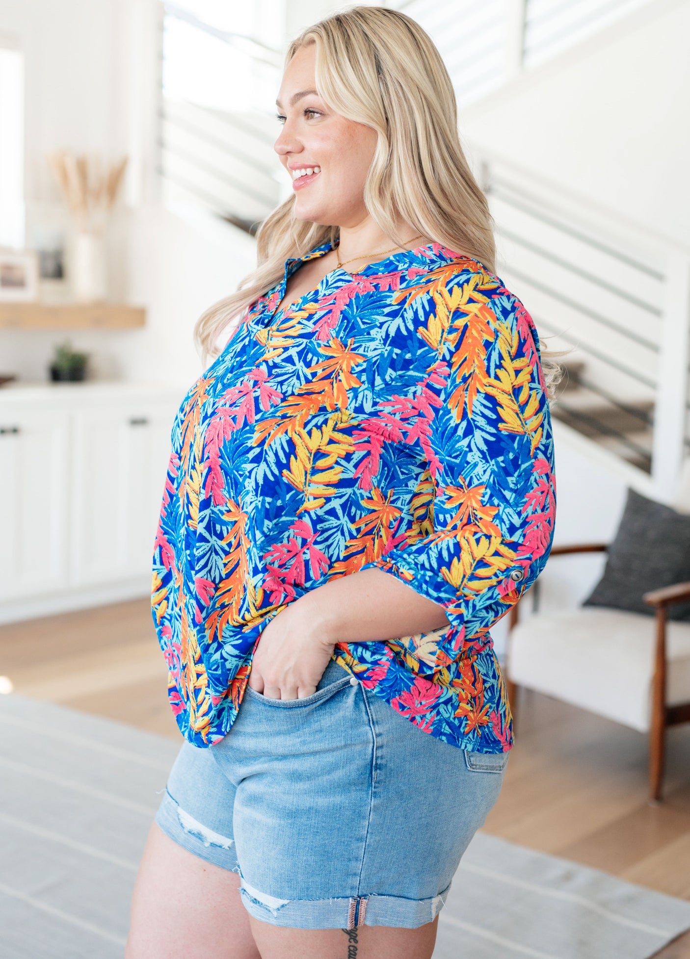 Lizzy Top in Blue and Pink Branches - Liarian Unlimited Boutique