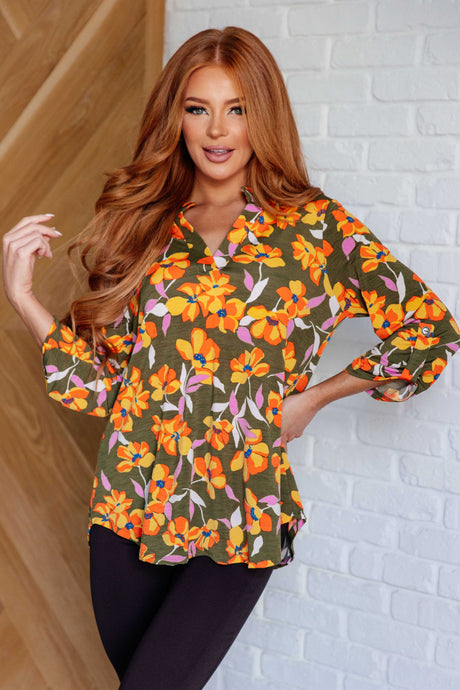 Lizzy Top en estampado floral oliva y mostaza