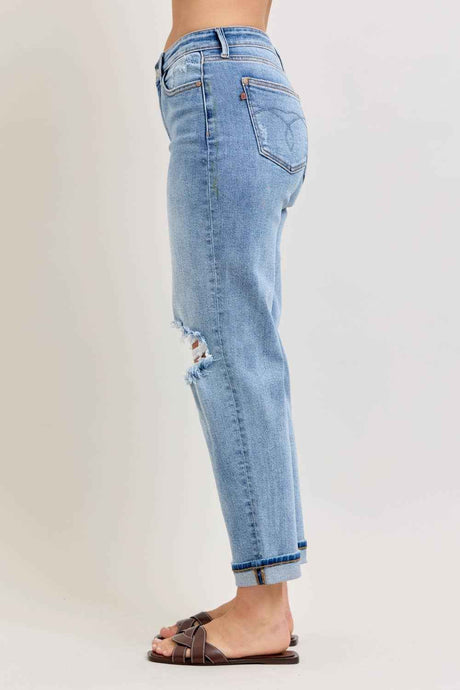 Elaine Mid Rise Boyfriend with Distress & Cuff