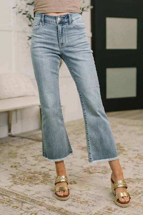 Mckaylee Mid Rise Kick Flare Jeans with Frayed Hem