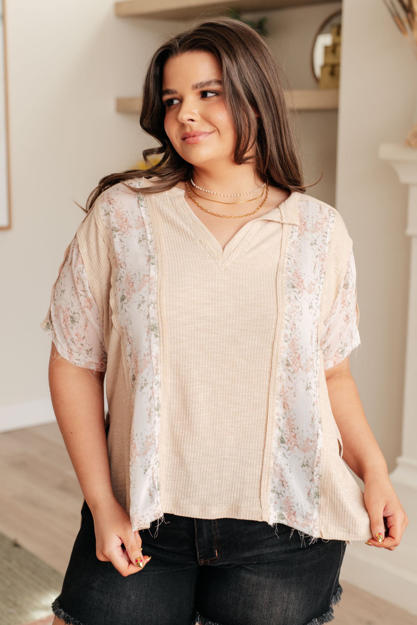 Mention Me Floral Accent Top in Toasted Almond - Liarian Unlimited Boutique