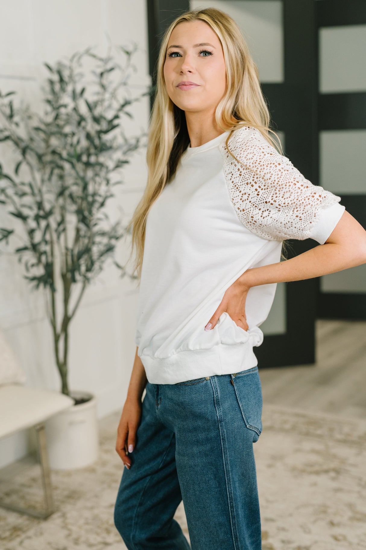 Never Too Lace Raglan Crochet Sleeve Top