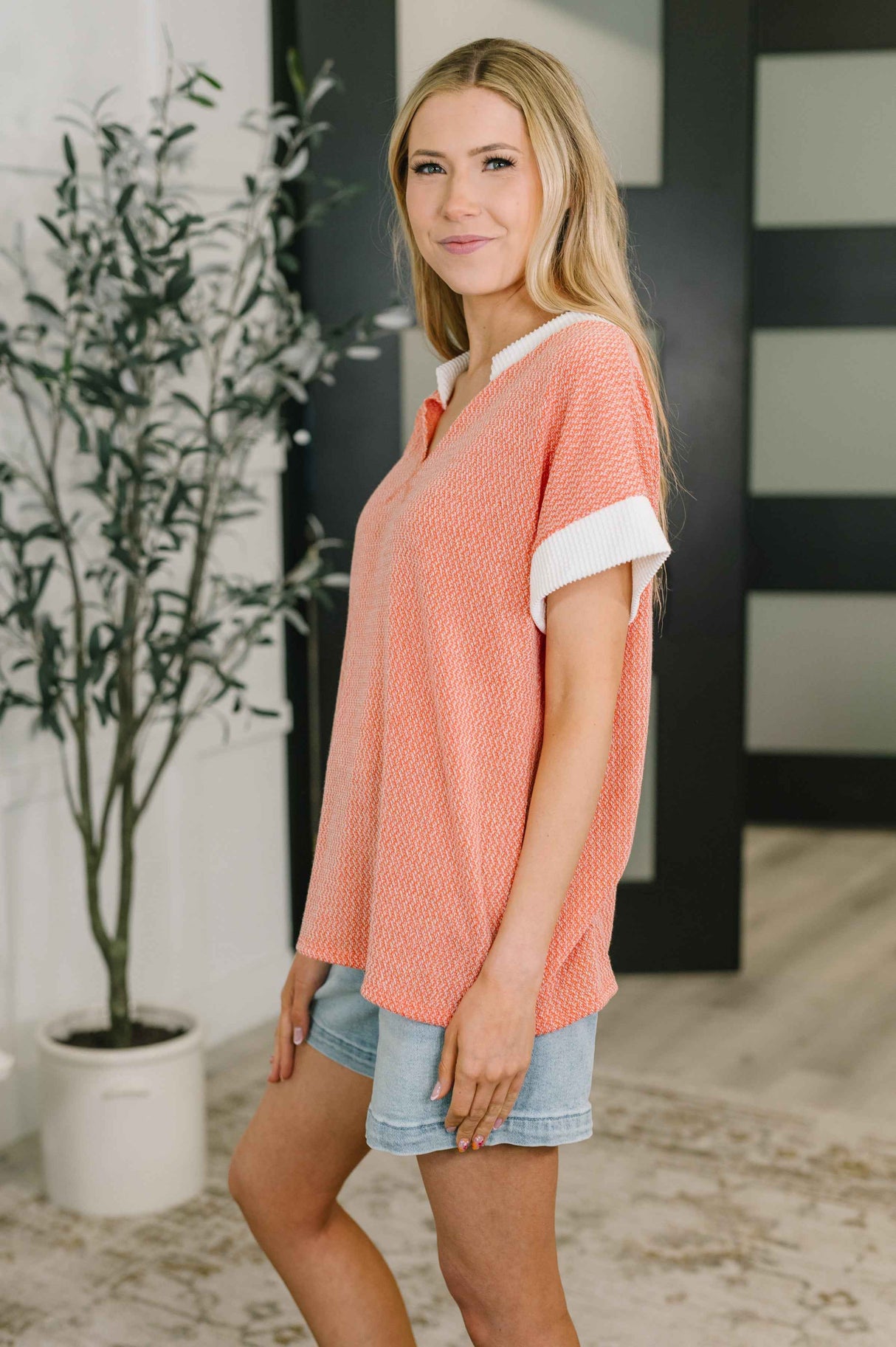 One Piece at a Time V-Neck Short Sleeve Top in Coral