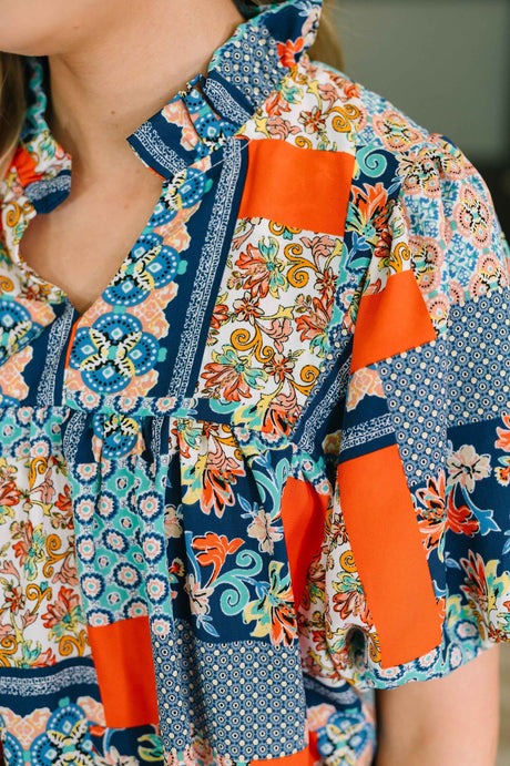 Pardon Me Patchwork Puff Sleeve Blouse
