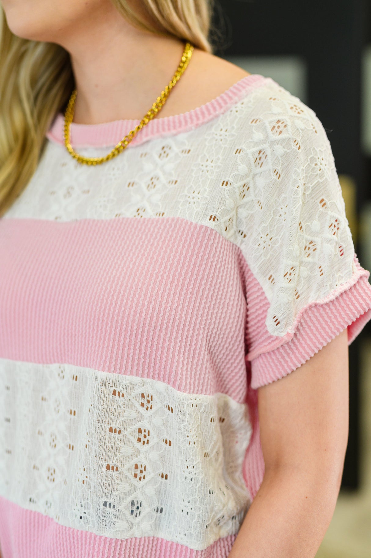 Top de punto con bloques de color Parlour Picnic en rosa
