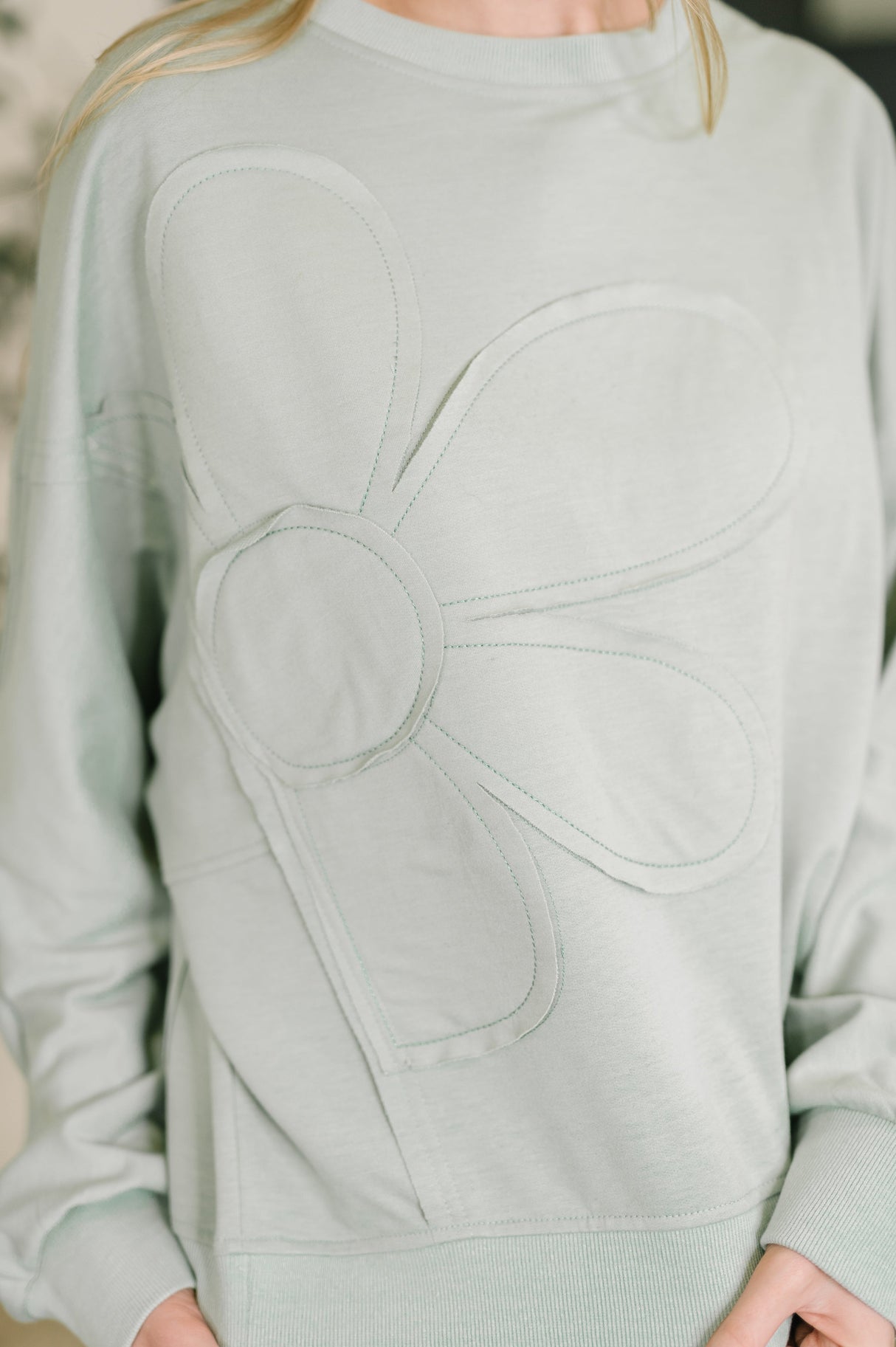 Petal Poise Floral Applique Pullover in Ivy