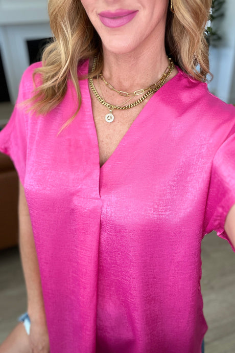Pleat Front V-Neck Top in Hot Pink - Liarian Unlimited Boutique