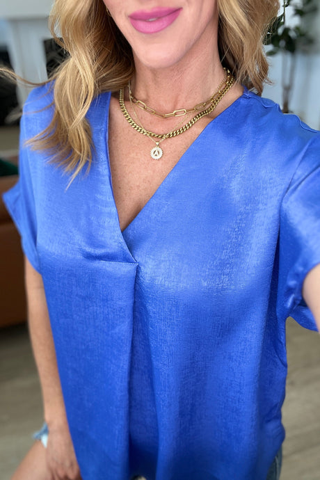 Pleat Front V-Neck Top in Royal Blue - Liarian Unlimited Boutique