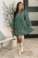 Plaid Perspective Split Neck Long Sleeve Dress