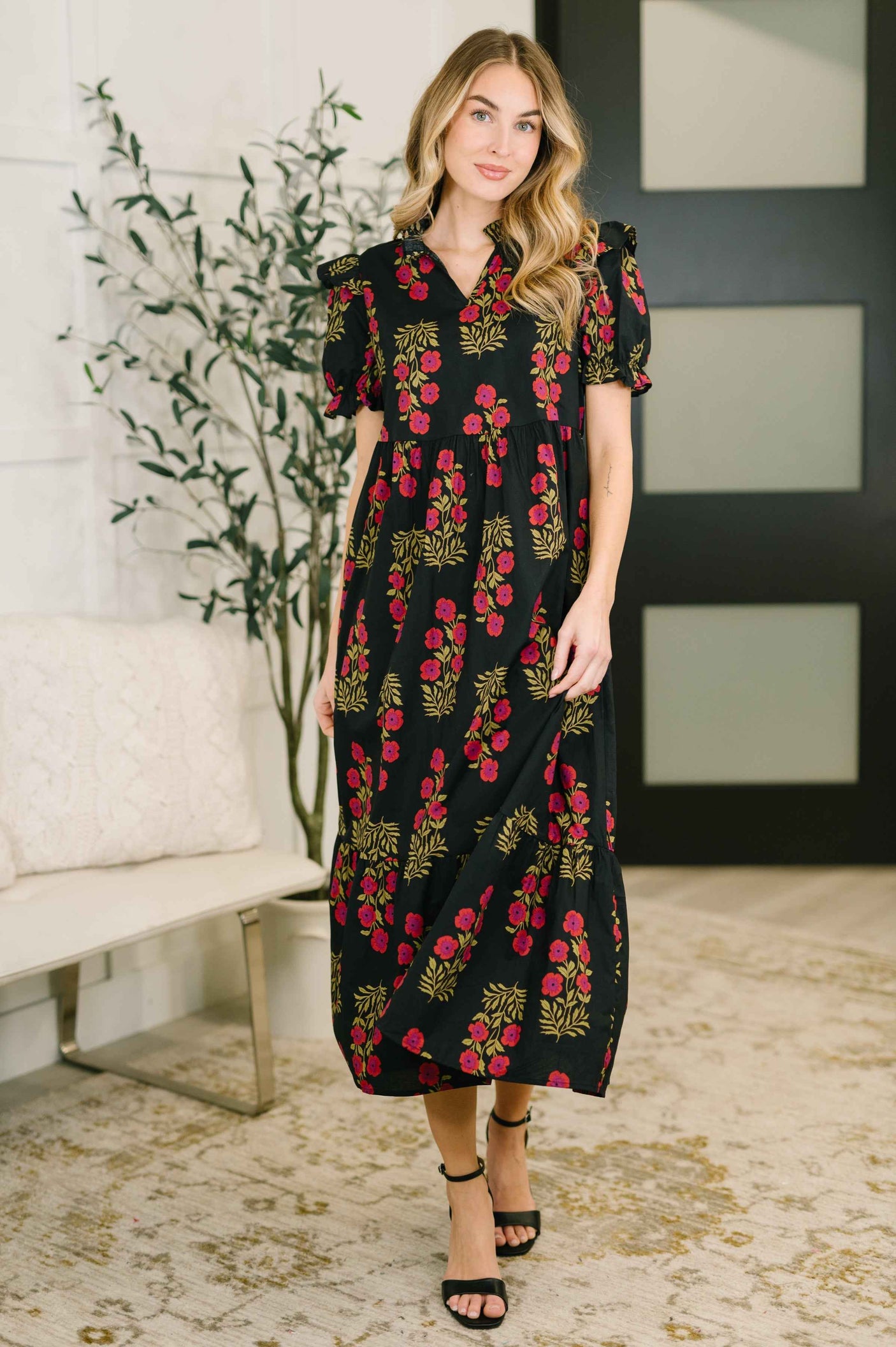 Quiet Life Notch Neck Tiered Dress in Black