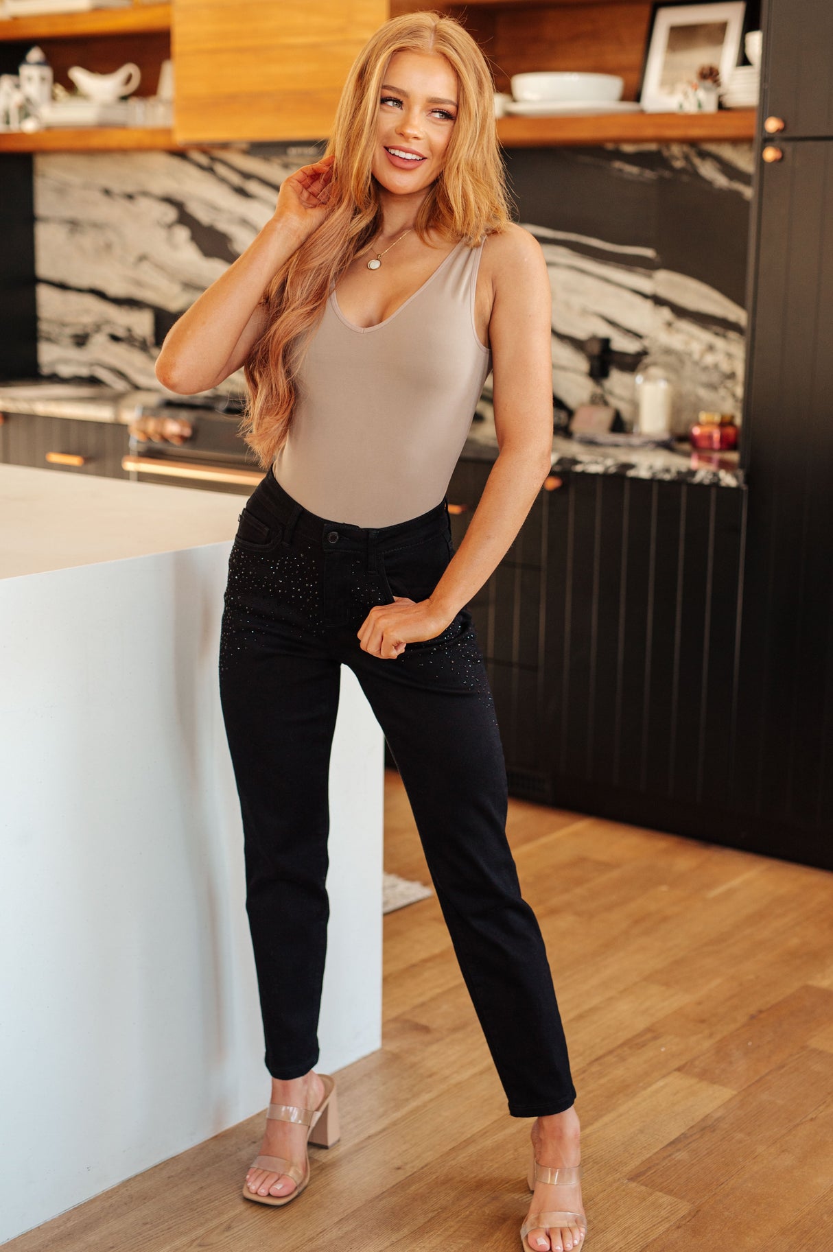 Reese Rhinestone Slim Fit Jeans in Black - Liarian Unlimited Boutique