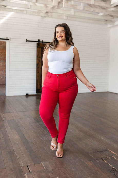 Ruby High Rise Control Top Garment Dyed Skinny Jeans in Red - Liarian Unlimited Boutique
