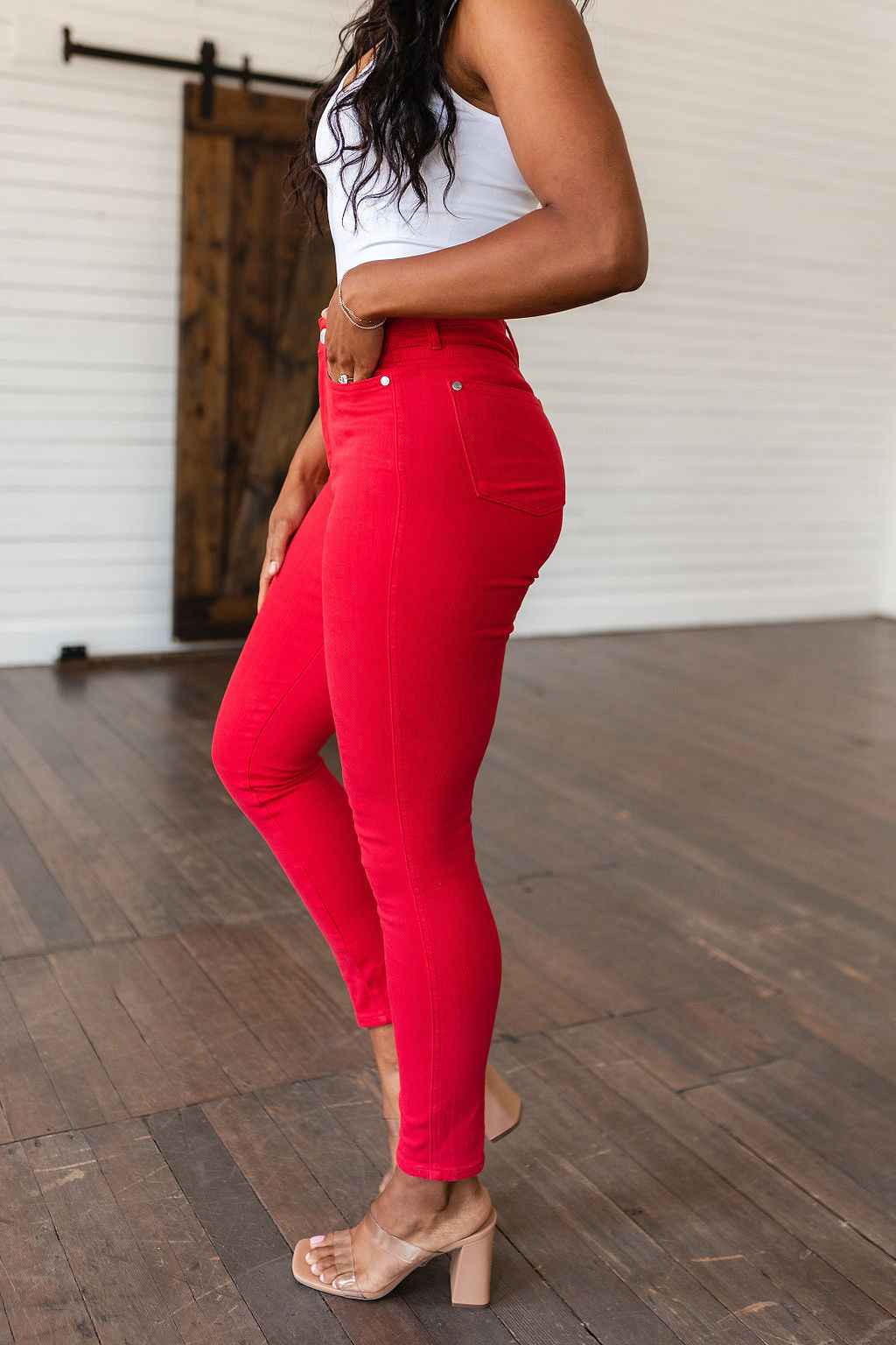 Ruby High Rise Control Top Garment Dyed Skinny Jeans in Red - Liarian Unlimited Boutique