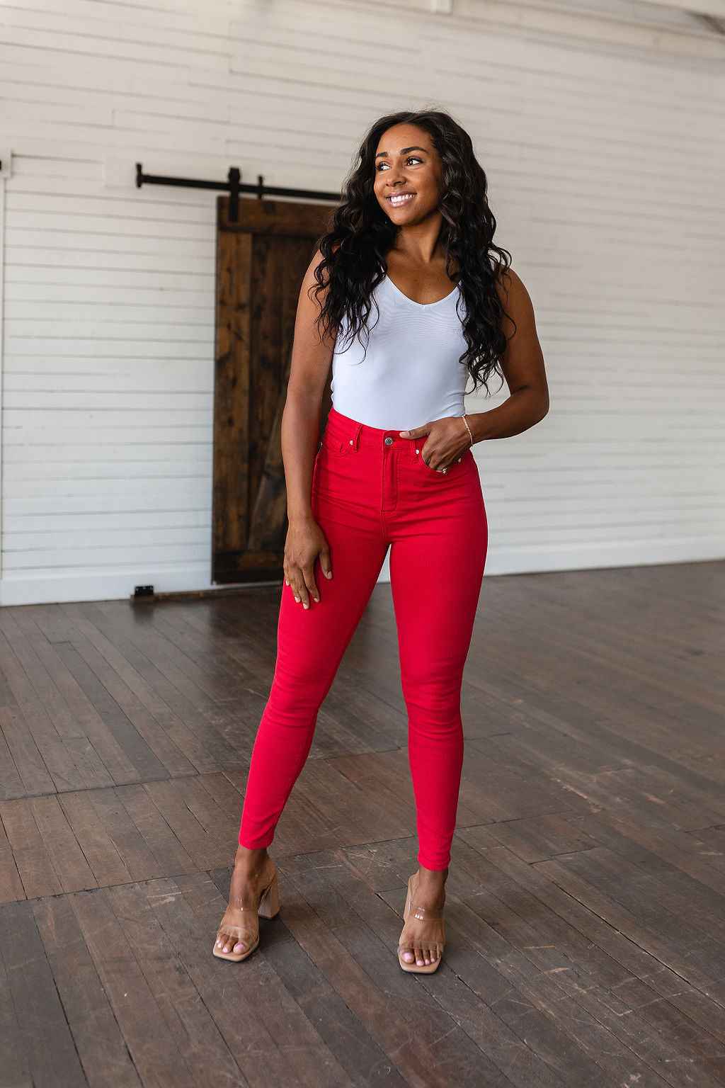 Ruby High Rise Control Top Garment Dyed Skinny Jeans in Red - Liarian Unlimited Boutique