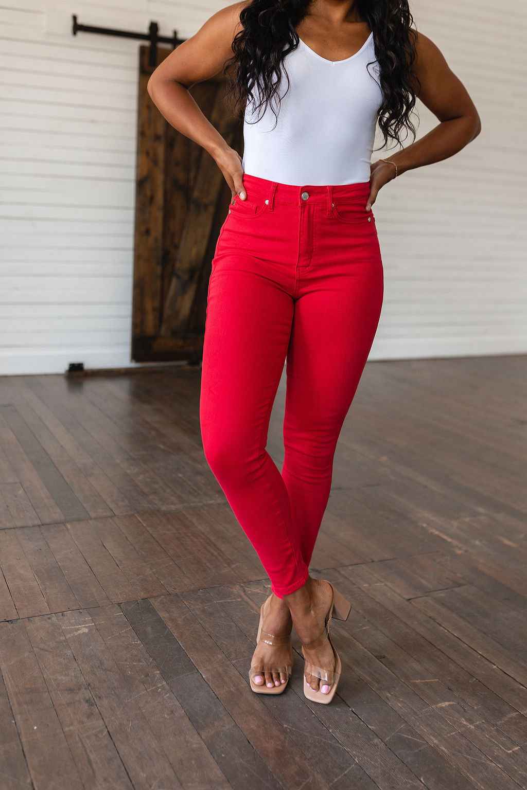Ruby High Rise Control Top Garment Dyed Skinny Jeans in Red - Liarian Unlimited Boutique