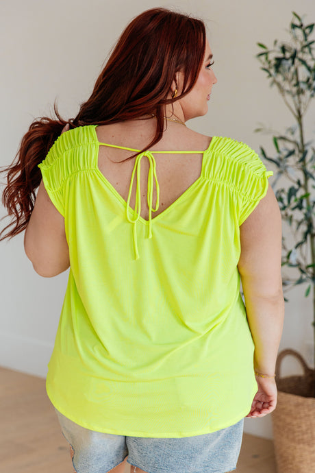 Ruched Cap Sleeve Top in Neon Green - Liarian Unlimited Boutique