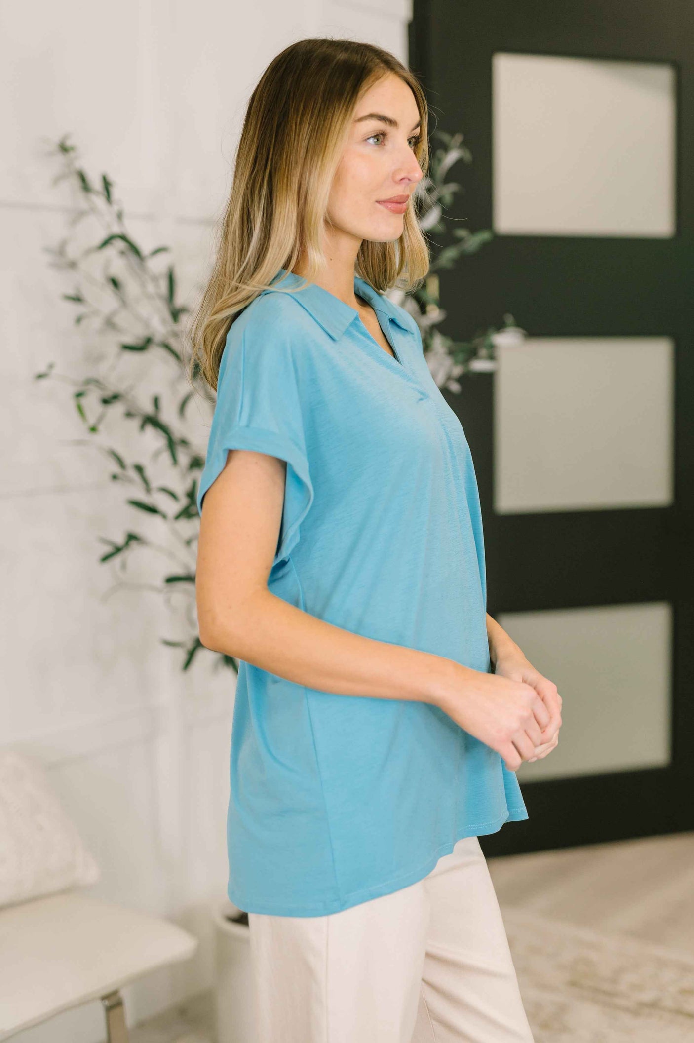 Sea You Soon Collared Top in Costal Blue