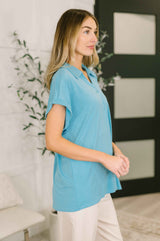 Sea You Soon Collared Top in Costal Blue