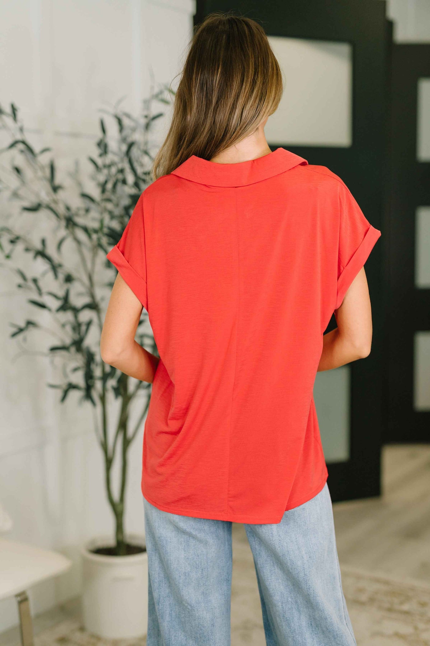 Sea You Soon Collared Top in Hot Coral