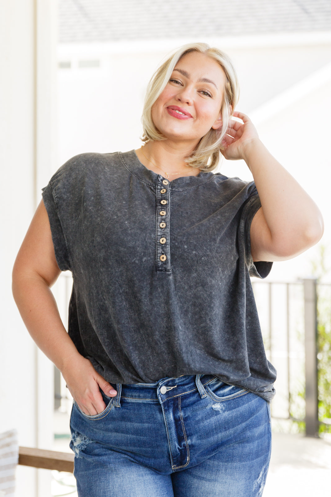 She's Alright Mineral Wash Sleeveless Henley - Liarian Unlimited Boutique