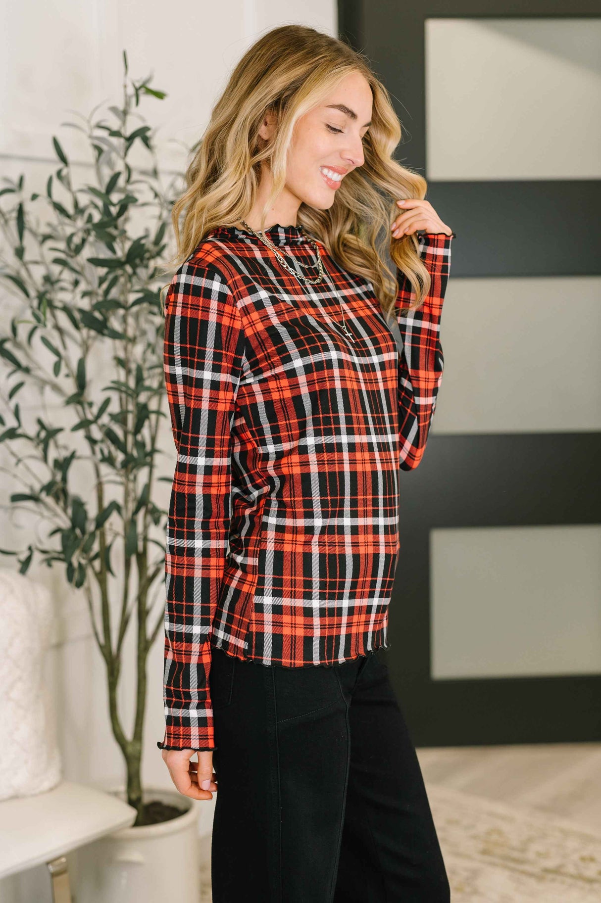 She's Always Changing Plaid Lettuce Hem Top