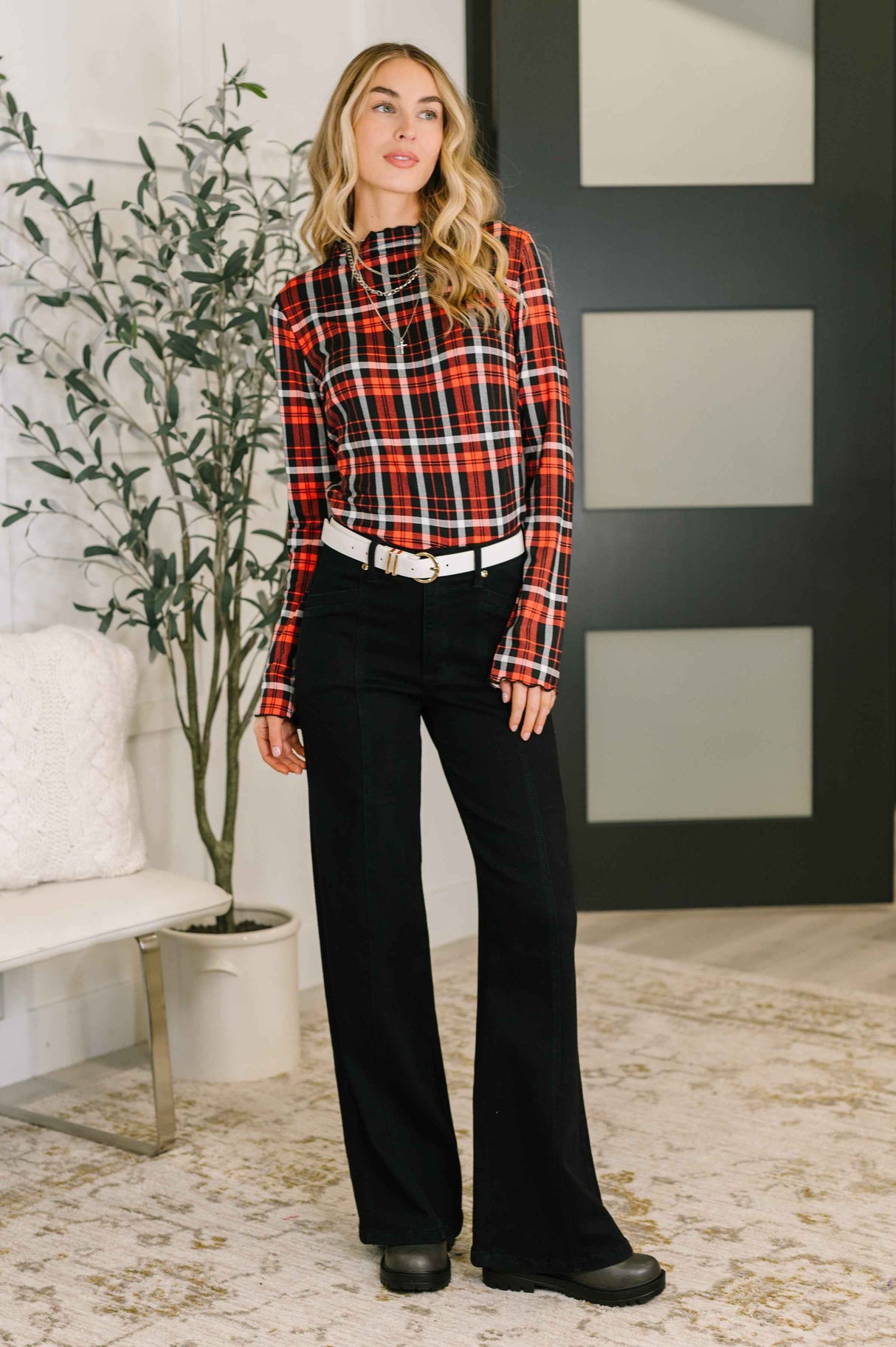 She's Always Changing Plaid Lettuce Hem Top