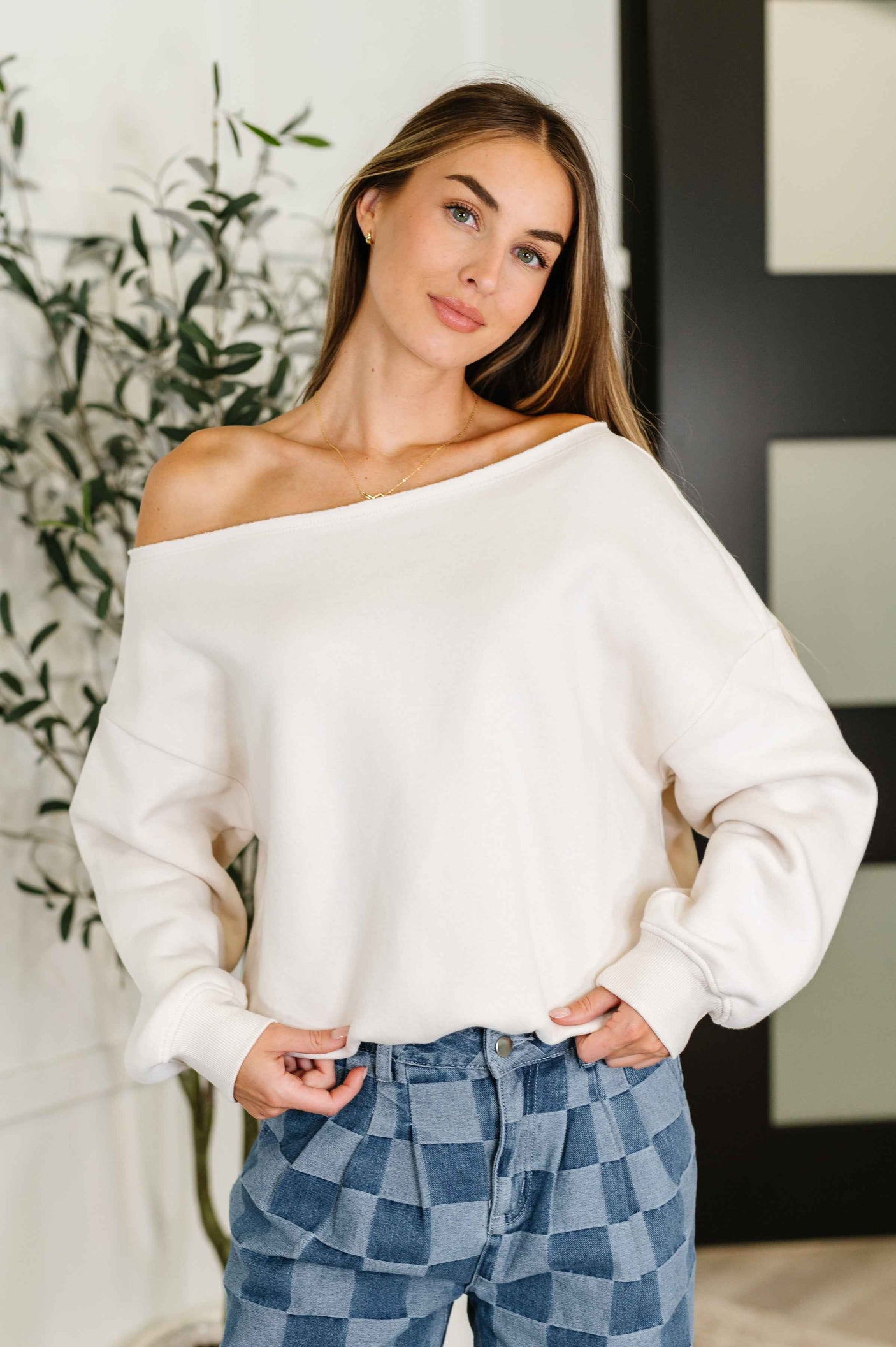 Side Hustle Off Shoulder Long Sleeve Top in Bone