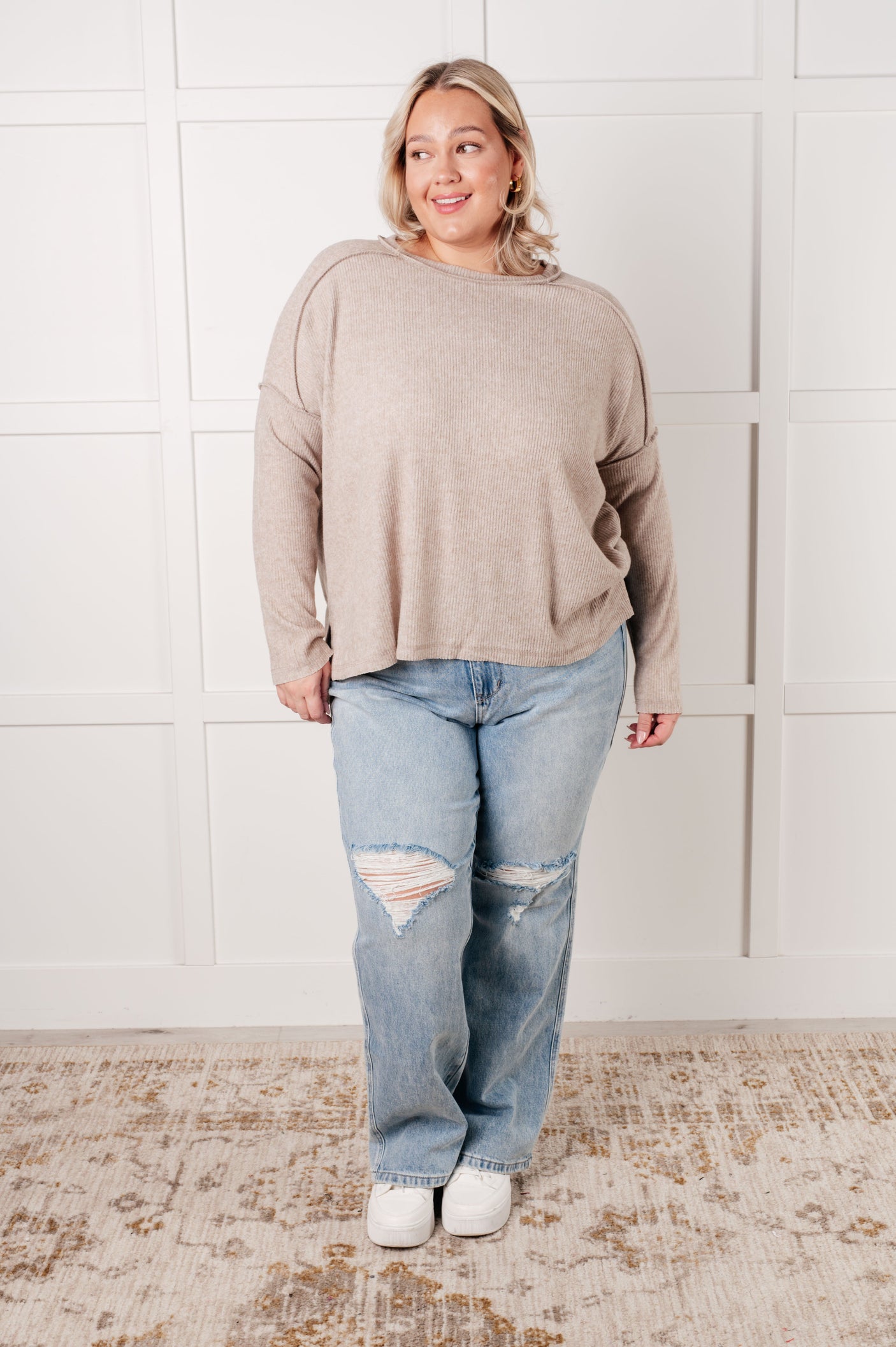 Simply Basic Ribbed Hacci Sweater in H Mocha - Liarian Unlimited Boutique
