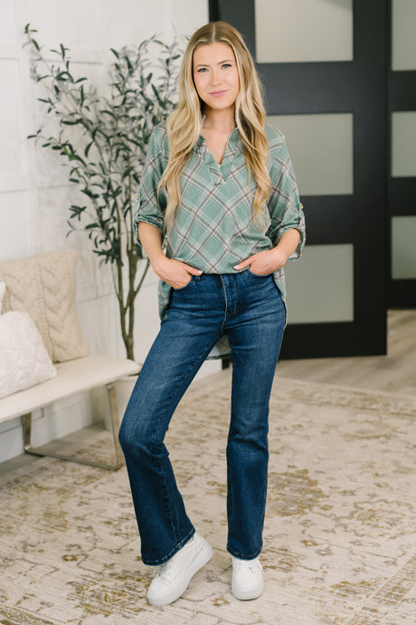 So It Goes Split Neck Plaid Top
