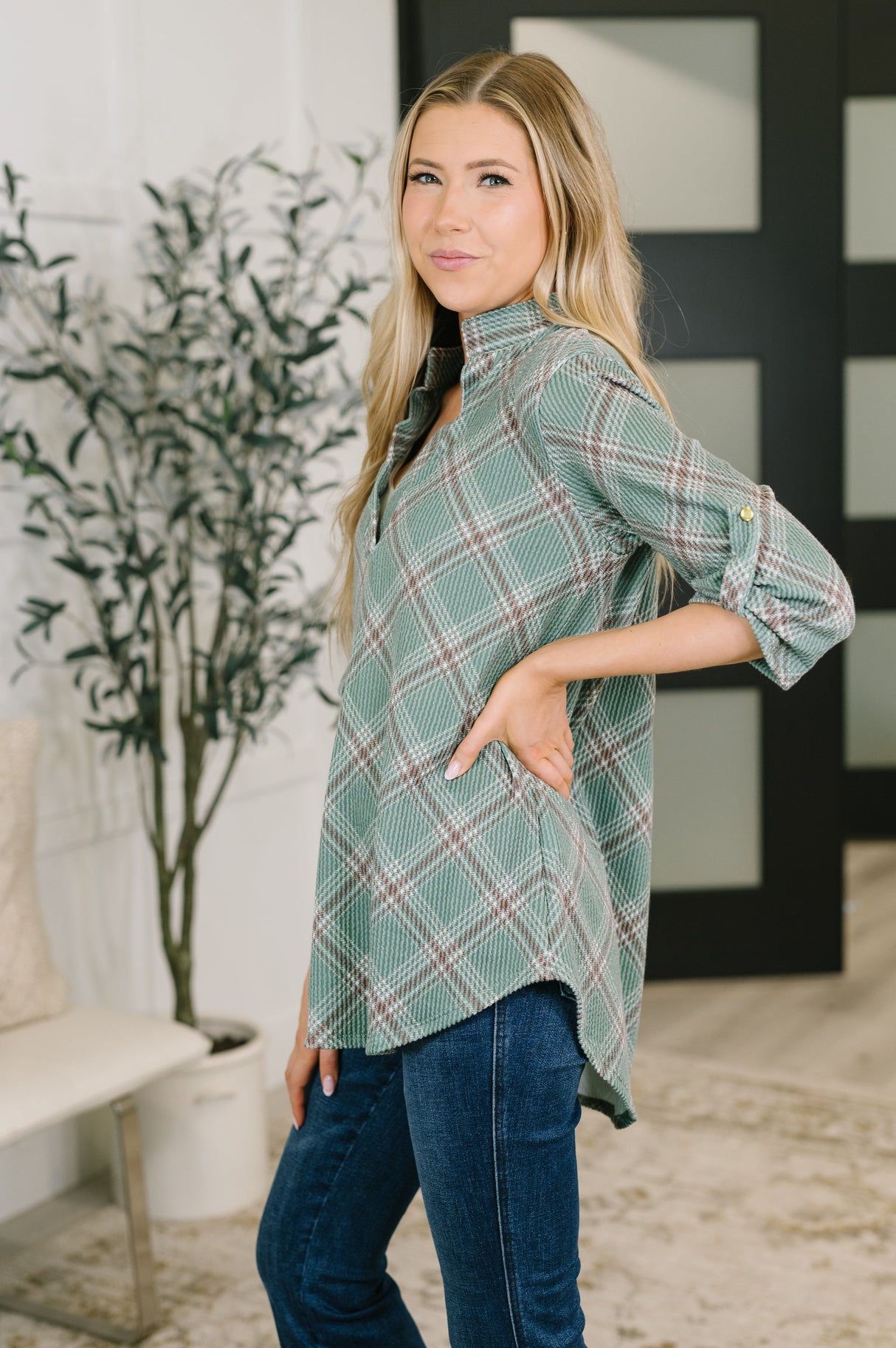 So It Goes Split Neck Plaid Top