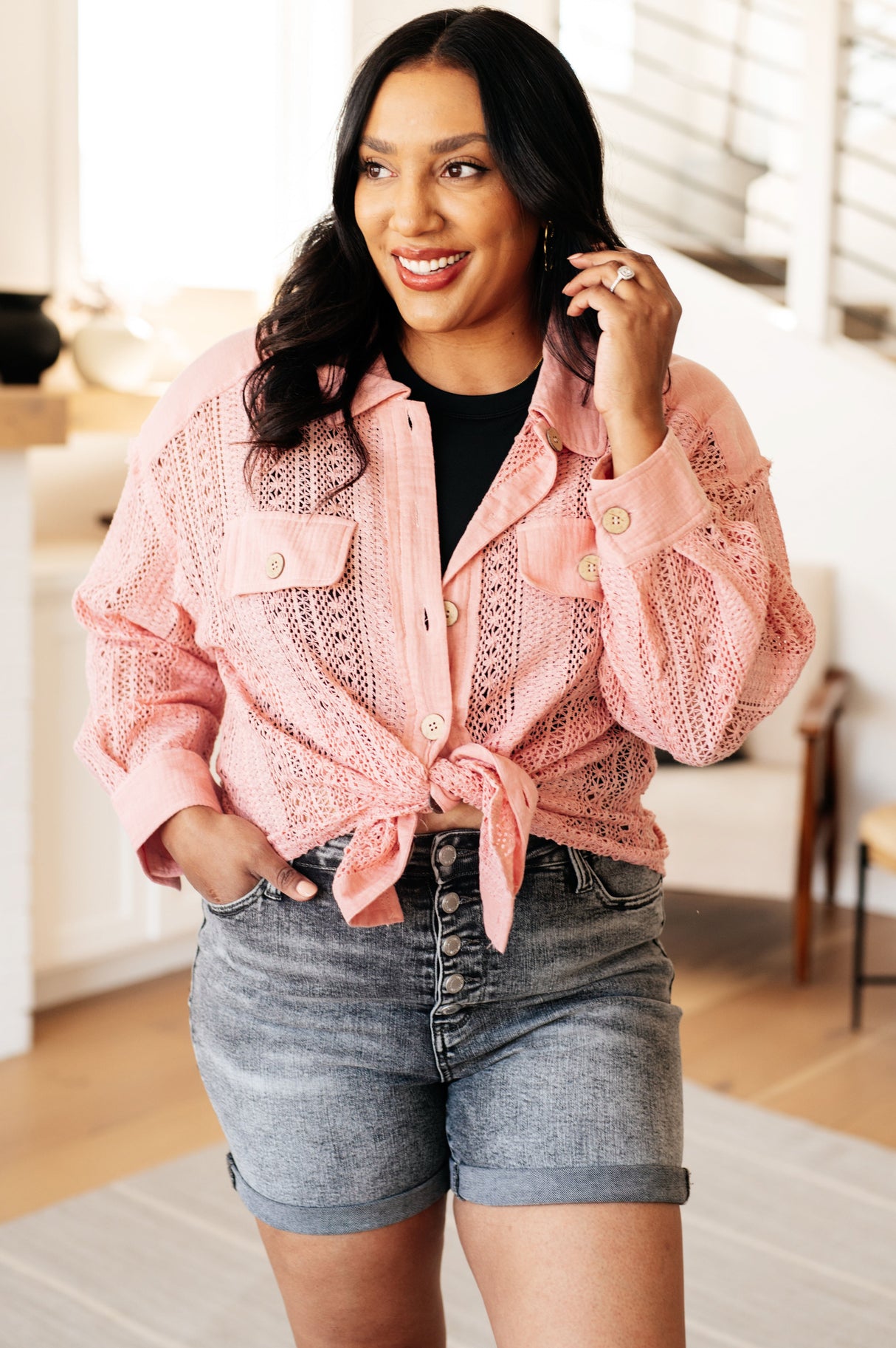 Sweeter Than Nectar Lace Button Down in Rose - Liarian Unlimited Boutique