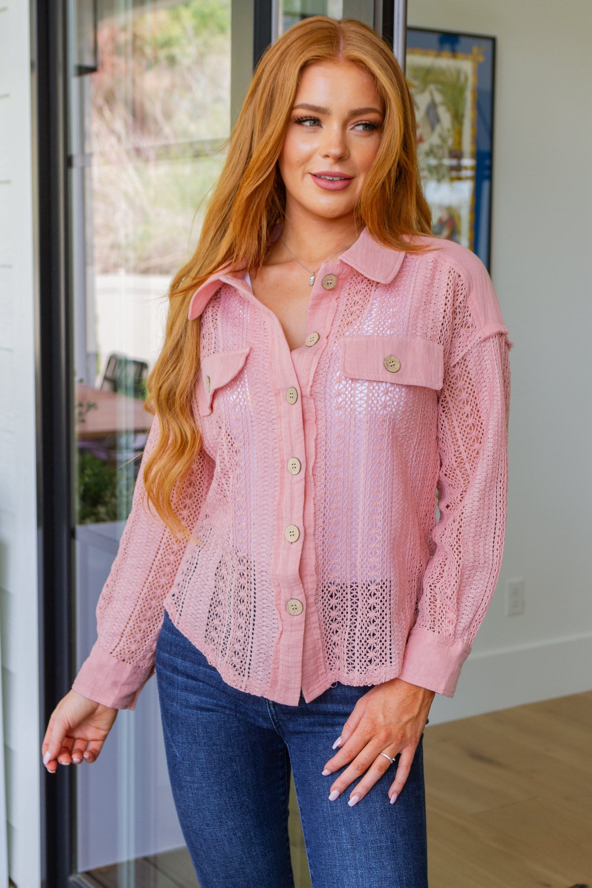 Sweeter Than Nectar Lace Button Down in Rose - Liarian Unlimited Boutique